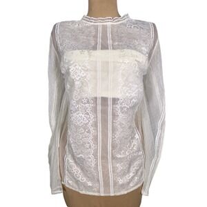 NWT Express Lace Inset Blouse Sheer Long Sleeve Top Ivory XL Cottagecore Boho